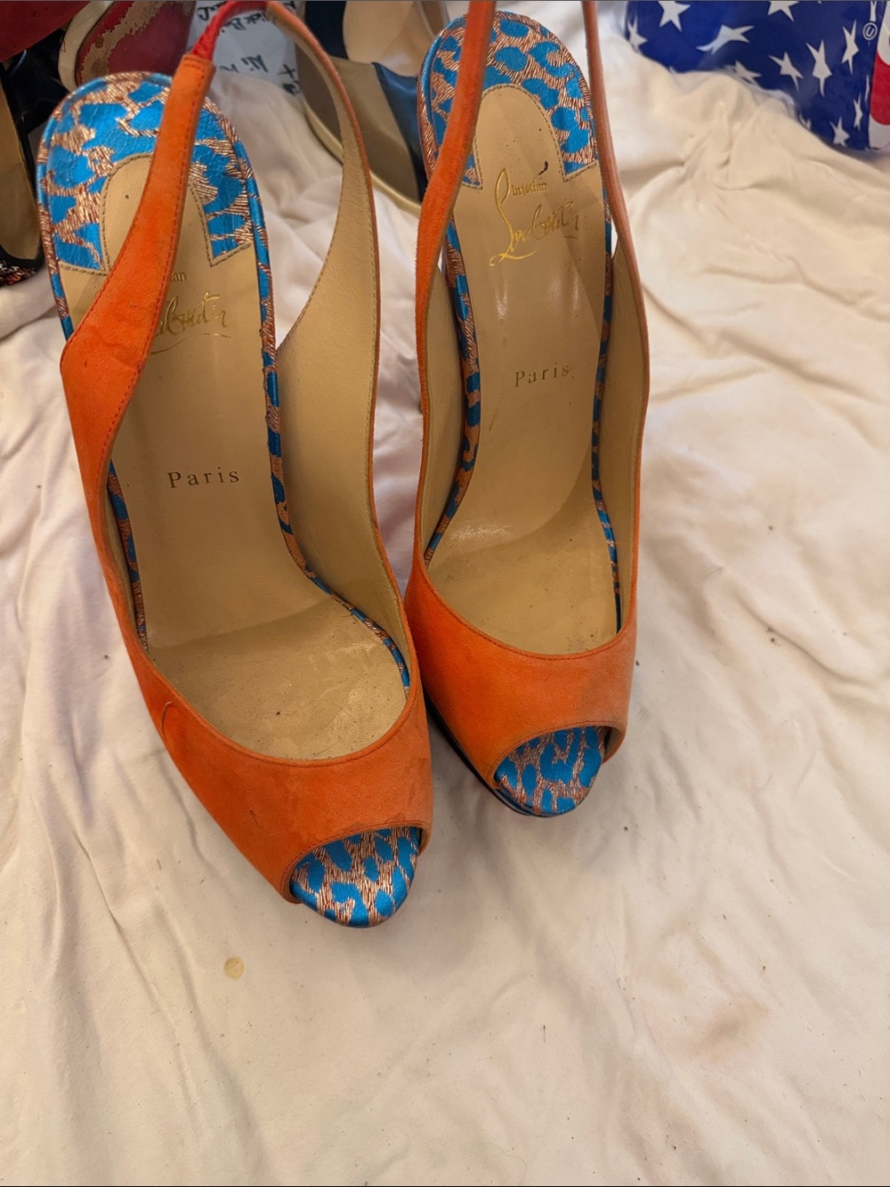 Christian Louboutin Orange Suede Peep-Toe Slingbacks with Blue Patterned Accents